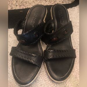 Mila Paoli wedge sandals black leather rope trim made in Italy flower embellish